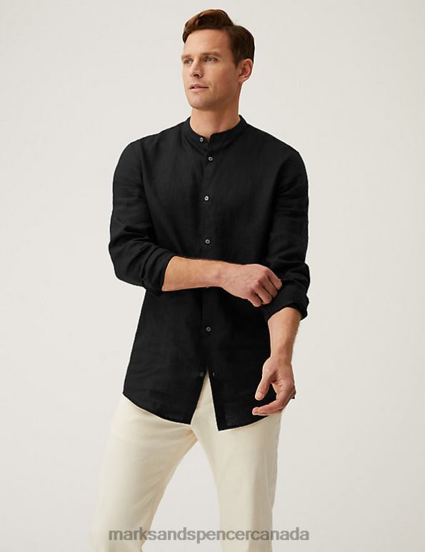 Marks and Spencer Canada - Men Black Clothing Marks & Spencer Pure Linen Grandad Shirt 20VTD6982