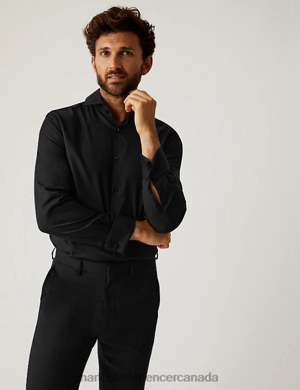 Marks and Spencer near me - Men Black Clothing Marks & Spencer Regular Fit Pure Cotton Herringbone Shirt 20VTD6731