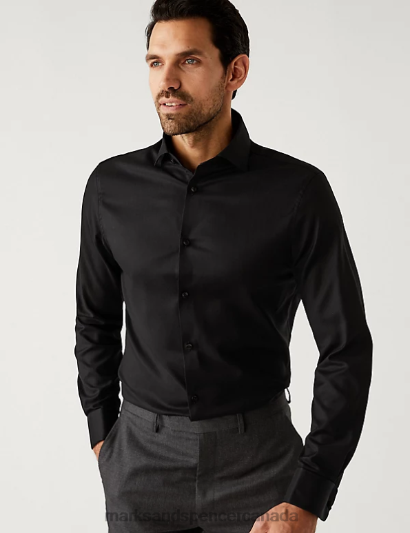 Marks and Spencer Canada - Men Black Clothing Marks & Spencer Tailored Fit Pure Cotton Herringbone Shirt 20VTD6752