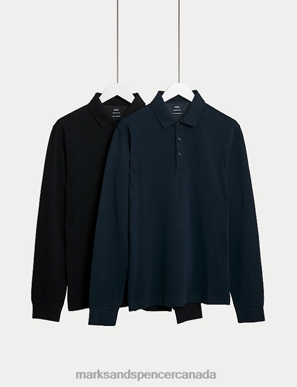 Men Black Mix Clothing Marks & Spencer 2pk Pure Cotton Long Sleeve Polo Shirts 20VTD5085 - Marks and Spencer Canada locations