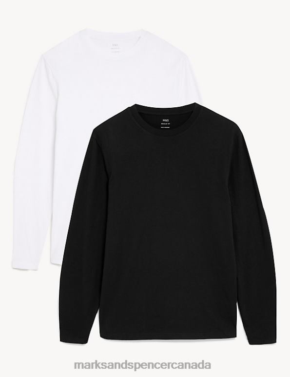 Marks and Spencer sale - Men Black Mix Clothing Marks & Spencer 2pk Pure Cotton Long Sleeve T-Shirts 20VTD5525