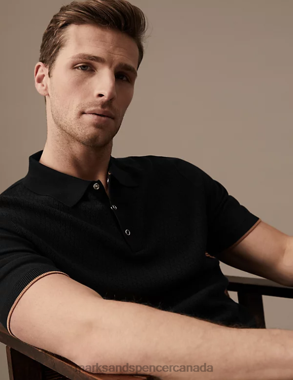 Men Black Mix Clothing Marks & Spencer Cotton Rich Textured Knitted Polo Shirt 20VTD5881 - Marks and Spencer outlet