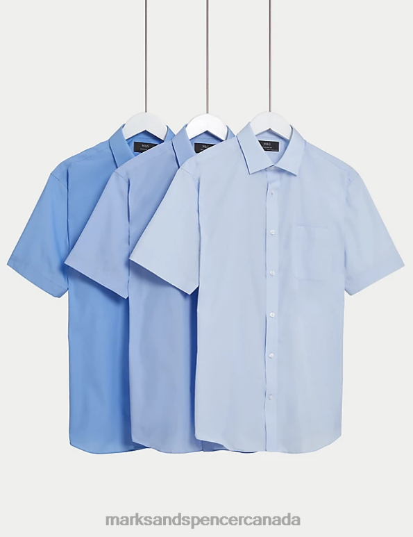 Men Blue Clothing Marks & Spencer 3pk Regular Fit Short Sleeve Shirts 20VTD5109 - Marks and Spencer outlet