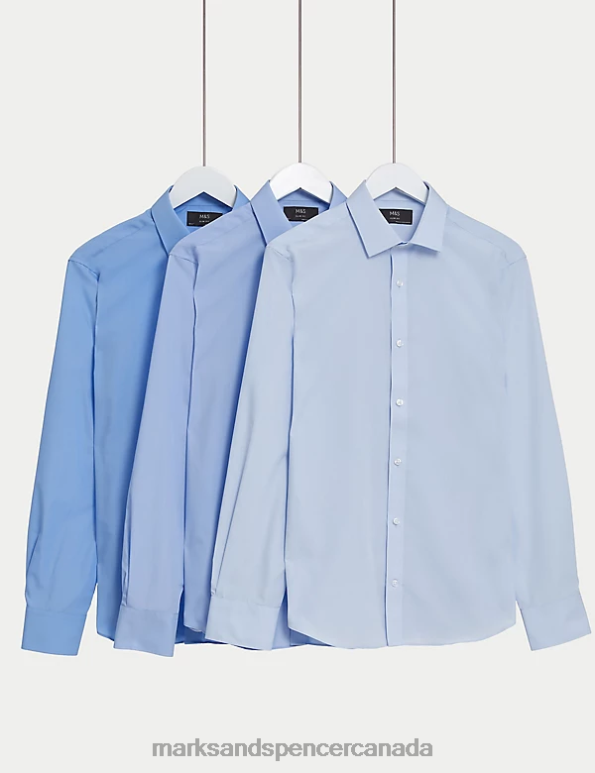 Men Blue Clothing Marks & Spencer 3pk Slim Fit Cotton Blend Long Sleeve Shirts 20VTD6658 - Marks and Spencer outlet