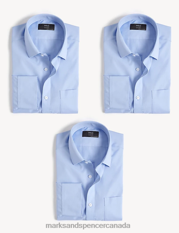 Marks and Spencer Canada - Men Blue Clothing Marks & Spencer 3pk Slim Fit Easy Iron Long Sleeve Shirts 20VTD5111