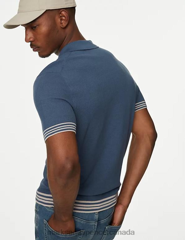 Marks and Spencer sale - Men Blue Clothing Marks & Spencer Cotton Blend Textured Knitted Polo Shirt 20VTD5242