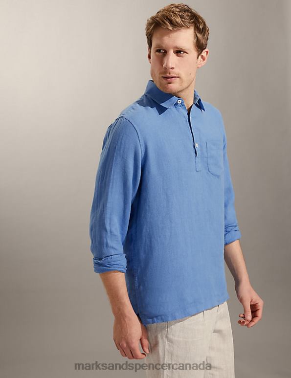 Men Blue Clothing Marks & Spencer Pure Linen Overhead Shirt 20VTD6476 - Marks and Spencer Canada locations