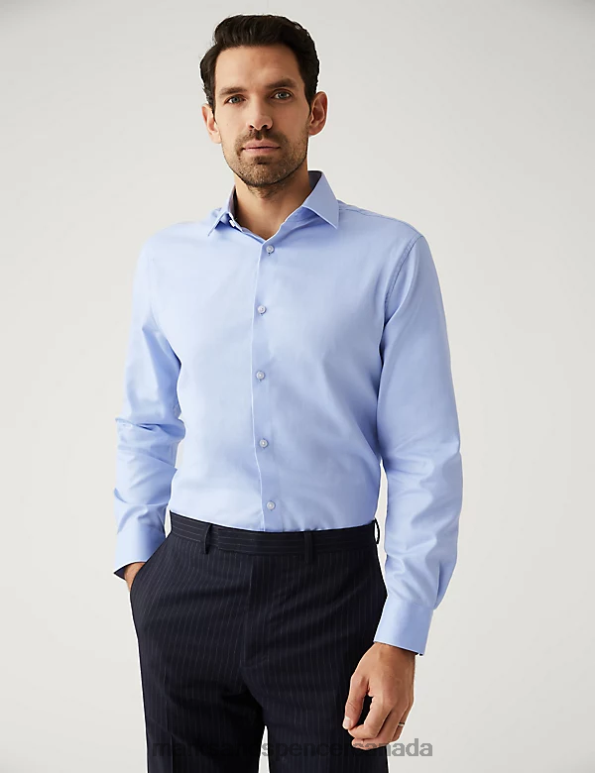 Men Blue Clothing Marks & Spencer Regular Fit Pure Cotton Herringbone Shirt 20VTD6180 - Marks and Spencer Canada locations