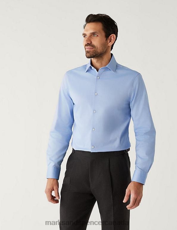 Men Blue Clothing Marks & Spencer Tailored Fit Cotton Rich Stretch Shirt 20VTD6535 - Marks and Spencer outlet