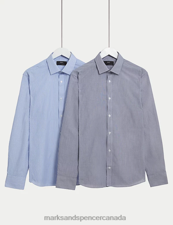 Men Blue Mix Clothing Marks & Spencer 2pk Slim Fit Easy Iron Long Sleeve Shirts 20VTD5120 - Marks and Spencer online