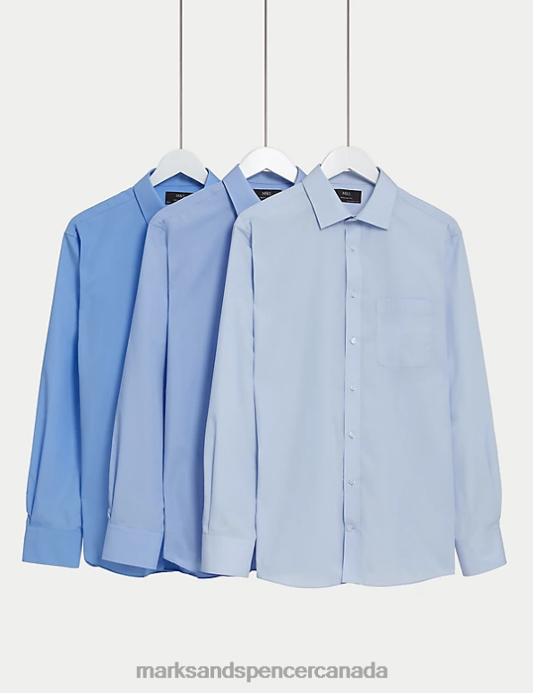 Men Blue Mix Clothing Marks & Spencer 3pk Regular Cotton Blend Long Sleeve Shirts 20VTD4759 - Marks and Spencer online