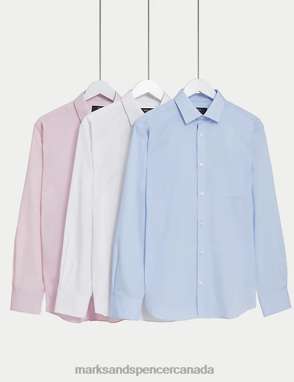 Marks and Spencer Canada - Men Blue Mix Clothing Marks & Spencer 3pk Regular Fit Easy Iron Long Sleeve Shirts 20VTD5098