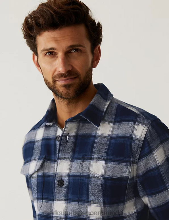 Men Blue Mix Clothing Marks & Spencer Cotton Rich Check Double Faced Overshirt 20VTD5141 - Marks and Spencer online