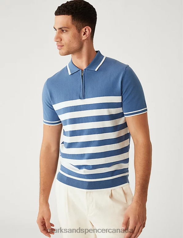 Marks and Spencer sale - Men Blue Mix Clothing Marks & Spencer Cotton Rich Striped Knitted Polo Shirt 20VTD5075