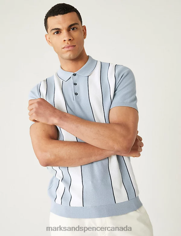 Marks and Spencer sale - Men Blue Mix Clothing Marks & Spencer Cotton Rich Striped Knitted Polo Shirt 20VTD6937