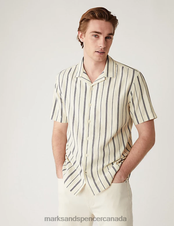 Marks and Spencer Canada - Men Blue Mix Clothing Marks & Spencer Linen Blend Striped Cuban Collar Shirt 20VTD6527