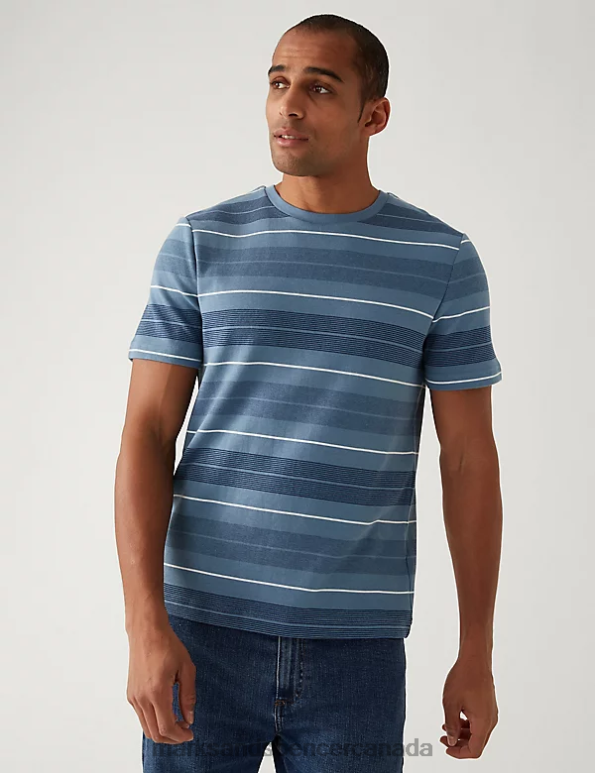 Men Blue Mix Clothing Marks & Spencer Pure Cotton Double Knit Striped T-Shirt 20VTD5988 - Marks and Spencer outlet