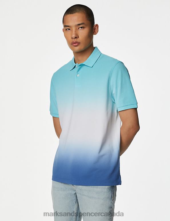 Men Blue Mix Clothing Marks & Spencer Pure Cotton Ombre Pique Polo Shirt 20VTD5945 - Marks and Spencer outlet