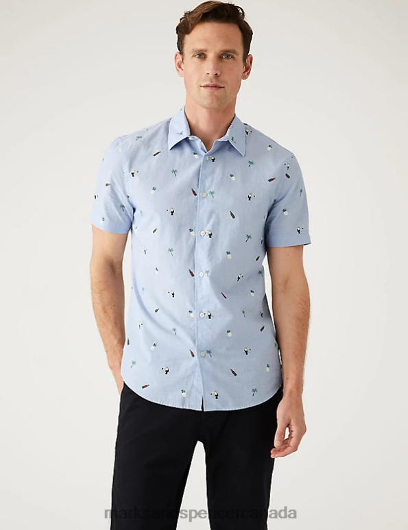 Marks and Spencer near me - Men Blue Mix Clothing Marks & Spencer Pure Cotton Print Shirt 20VTD5302