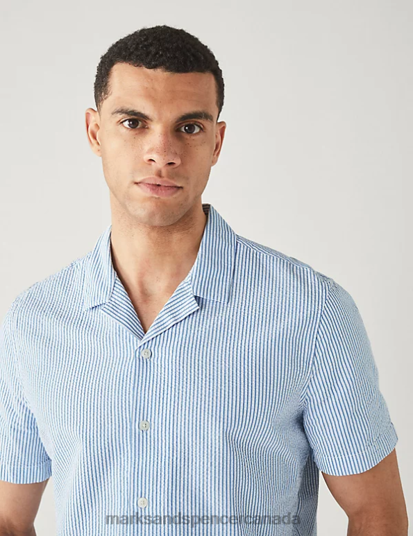 Men Blue Mix Clothing Marks & Spencer Pure Cotton Seersucker Cuban Collar Shirt 20VTD6551 - Marks and Spencer outlet