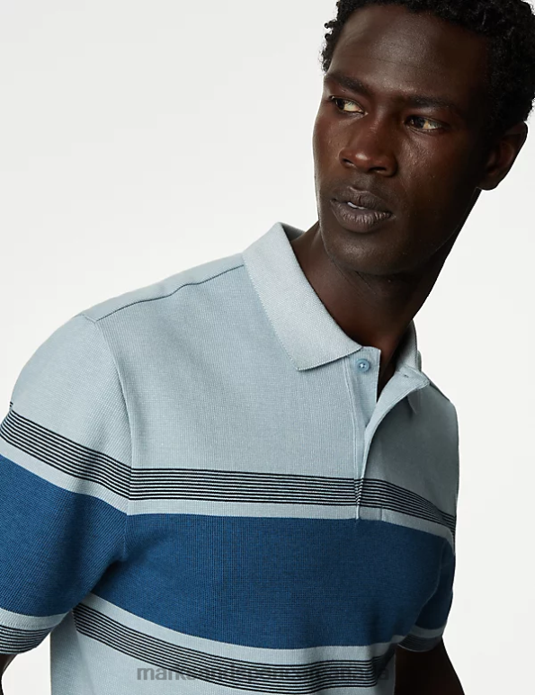 Men Blue Mix Clothing Marks & Spencer Pure Cotton Striped Double Knit Polo Shirt 20VTD5162 - Marks and Spencer Canada locations