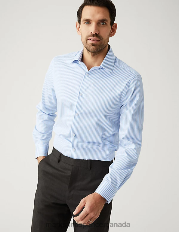 Men Bright Blue Clothing Marks & Spencer Slim Fit Pure Cotton Striped Shirt 20VTD7017 - Marks and Spencer Canada locations