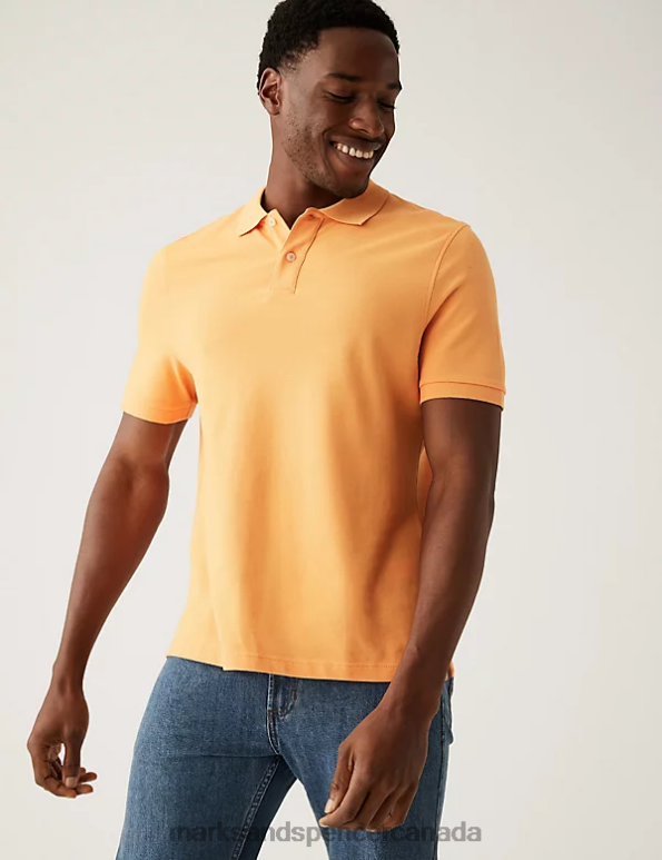 Men Bright Orange Clothing Marks & Spencer Pure Cotton Pique Polo Shirt 20VTD205 - Marks and Spencer outlet