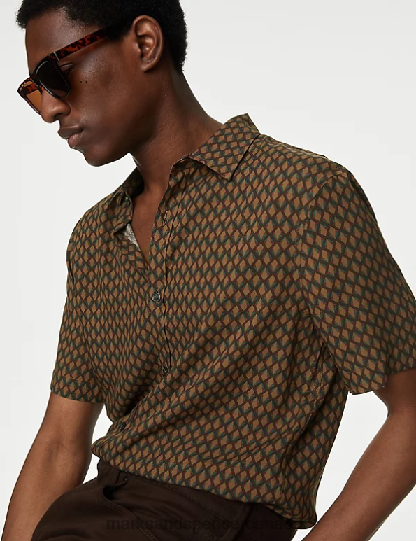 Men Brown Mix Clothing Marks & Spencer Geometric Print Shirt 20VTD6282 - Marks and Spencer online