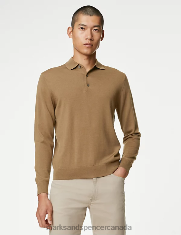 Marks and Spencer Canada - Men Camel Clothing Marks & Spencer Pure Extra Fine Merino Wool Knitted Polo Shirt 20VTD5522