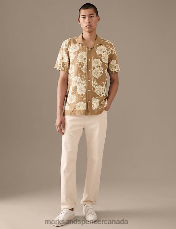 Men Caramel Mix Clothing Marks & Spencer Linen Rich Floral Cuban Collar Shirt 20VTD4984 - Marks and Spencer outlet