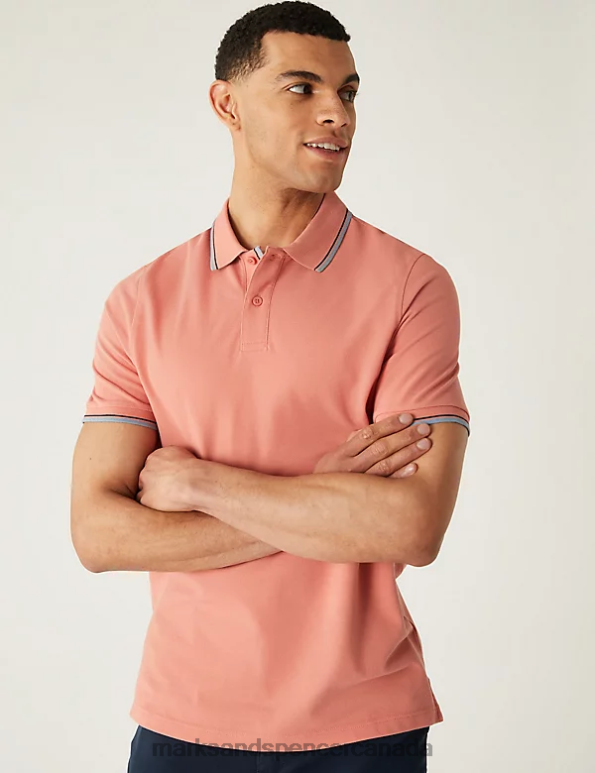 Marks and Spencer sale - Men Coral Clothing Marks & Spencer Pure Cotton Pique Tipped Polo Shirt 20VTD4756