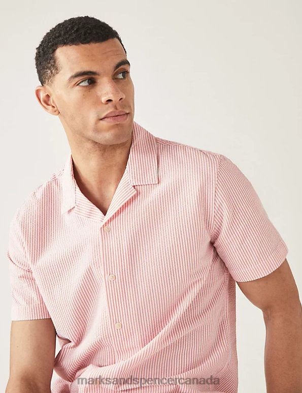 Men Coral Mix Clothing Marks & Spencer Pure Cotton Seersucker Cuban Collar Shirt 20VTD6185 - Marks and Spencer outlet