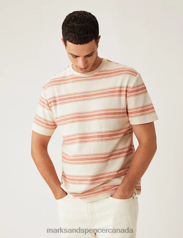 Marks and Spencer Canada - Men Coral Mix Clothing Marks & Spencer Relaxed Fit Pure Cotton Striped T-Shirt 20VTD5713