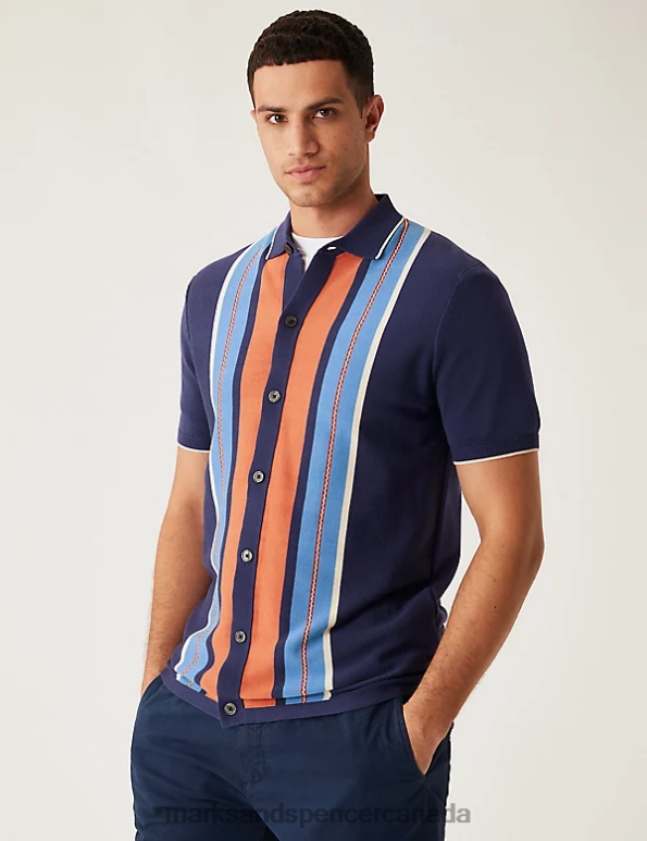 Men Dark Blue Mix Clothing Marks & Spencer Cotton Modal Striped Knitted Polo Shirt 20VTD4864 - Marks and Spencer Canada locations