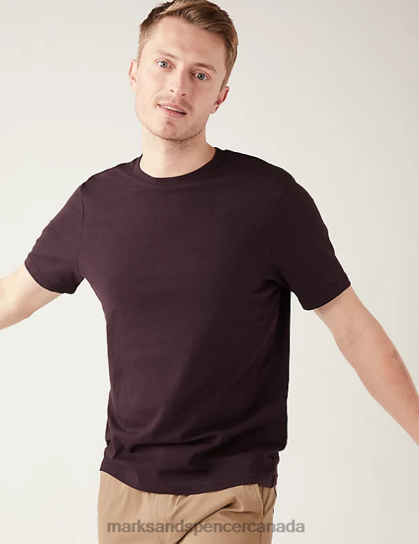 Men Dark Burgundy Clothing Marks & Spencer Pure Cotton Crew Neck T-Shirt 20VTD143 - Marks and Spencer online