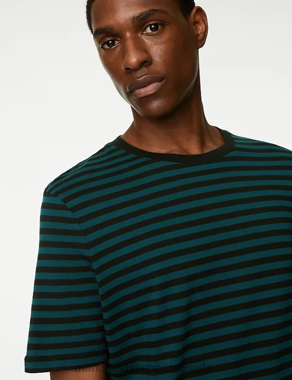 Men Dark Evergreen Clothing Marks & Spencer Pure Cotton Striped T-Shirt 20VTD6785 - Marks and Spencer online