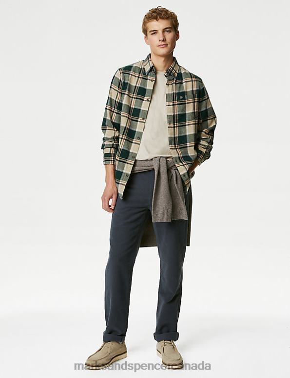 Men Dark Green Clothing Marks & Spencer Cotton Rich Flannel Shirt 20VTD5629 - Marks and Spencer outlet