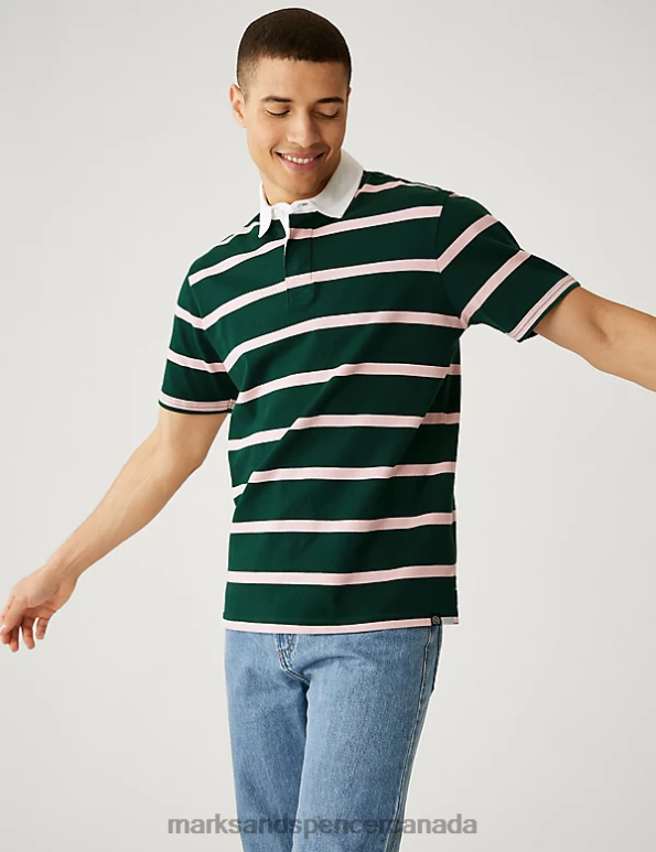 Marks and Spencer Canada - Men Dark Green Clothing Marks & Spencer Pure Cotton Striped Rugby Shirt 20VTD6324