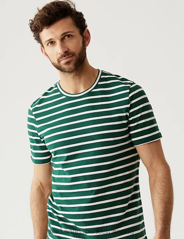 Men Dark Green Clothing Marks & Spencer Pure Cotton Striped T-Shirt 20VTD5597 - Marks and Spencer Canada locations