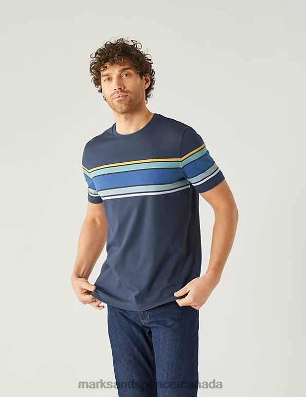 Men Dark Ink Clothing Marks & Spencer Pure Cotton Striped Crew Neck T-Shirt 20VTD5062 - Marks and Spencer Canada locations