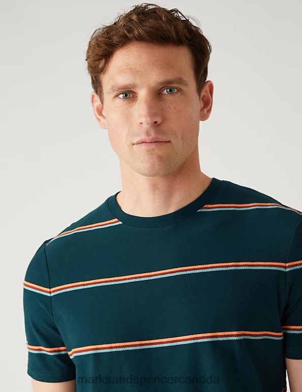 Men Dark Kingfisher Clothing Marks & Spencer Pure Cotton Textured Striped T-Shirt 20VTD6136 - Marks and Spencer outlet