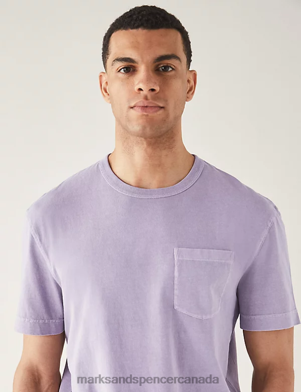 Men Dark Lilac Clothing Marks & Spencer Relaxed Fit Pure Cotton Crew Neck T-Shirt 20VTD6991 - Marks and Spencer outlet