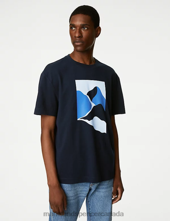 Marks and Spencer near me - Men Dark Navy Clothing Marks & Spencer Pure Cotton Abstract Mountain Graphic T-Shirt 20VTD4742