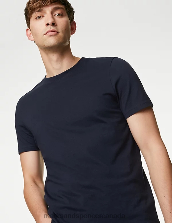 Men Dark Navy Clothing Marks & Spencer Pure Cotton Crew Neck T-Shirt 20VTD154 - Marks and Spencer Canada locations