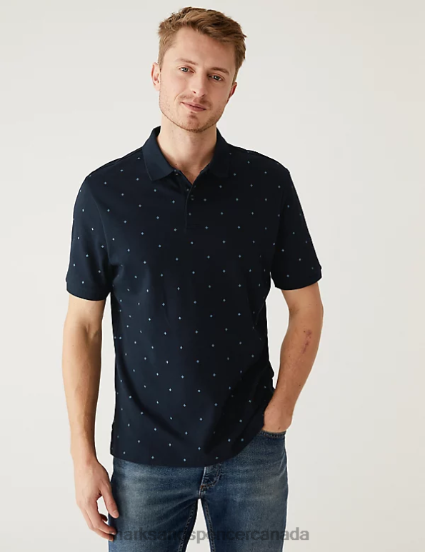 Men Dark Navy Clothing Marks & Spencer Pure Cotton Geometric Polo Shirt 20VTD6323 - Marks and Spencer outlet