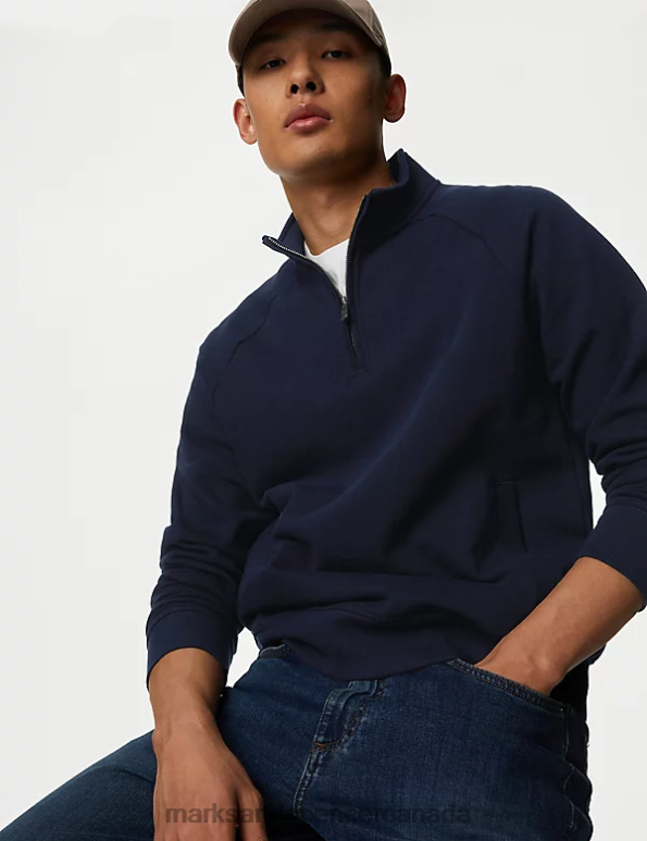 Marks and Spencer Canada - Men Dark Navy Clothing Marks & Spencer Pure Cotton Half Zip Sweatshirt 20VTD7069