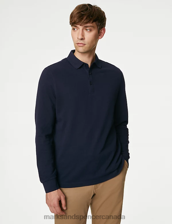 Men Dark Navy Clothing Marks & Spencer Pure Cotton Long Sleeve Polo Shirt 20VTD7047 - Marks and Spencer Canada locations