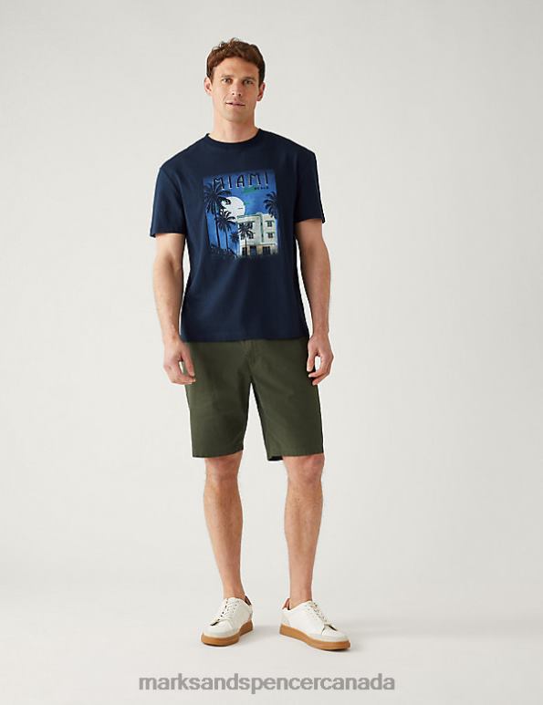 Men Dark Navy Clothing Marks & Spencer Pure Cotton Miami Print T-Shirt 20VTD6043 - Marks and Spencer outlet