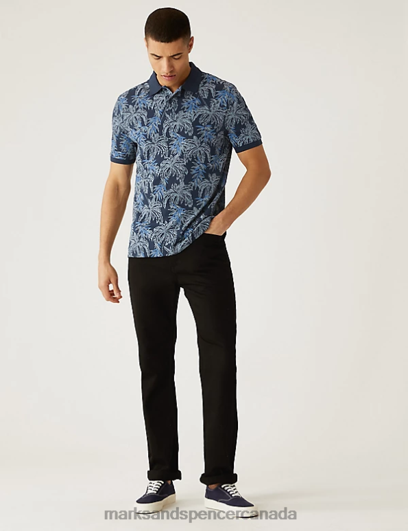 Marks and Spencer near me - Men Dark Navy Clothing Marks & Spencer Pure Cotton Palm Print Polo Shirt 20VTD6625