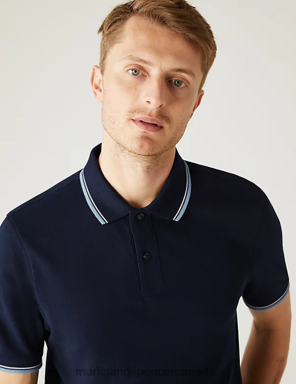 Men Dark Navy Clothing Marks & Spencer Pure Cotton Pique Tipped Polo Shirt 20VTD5057 - Marks and Spencer outlet